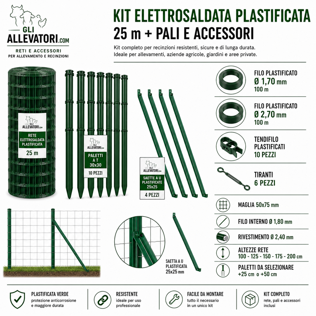 Kit Elettrosaldata Plastificata 25 m + Pali e Accessori