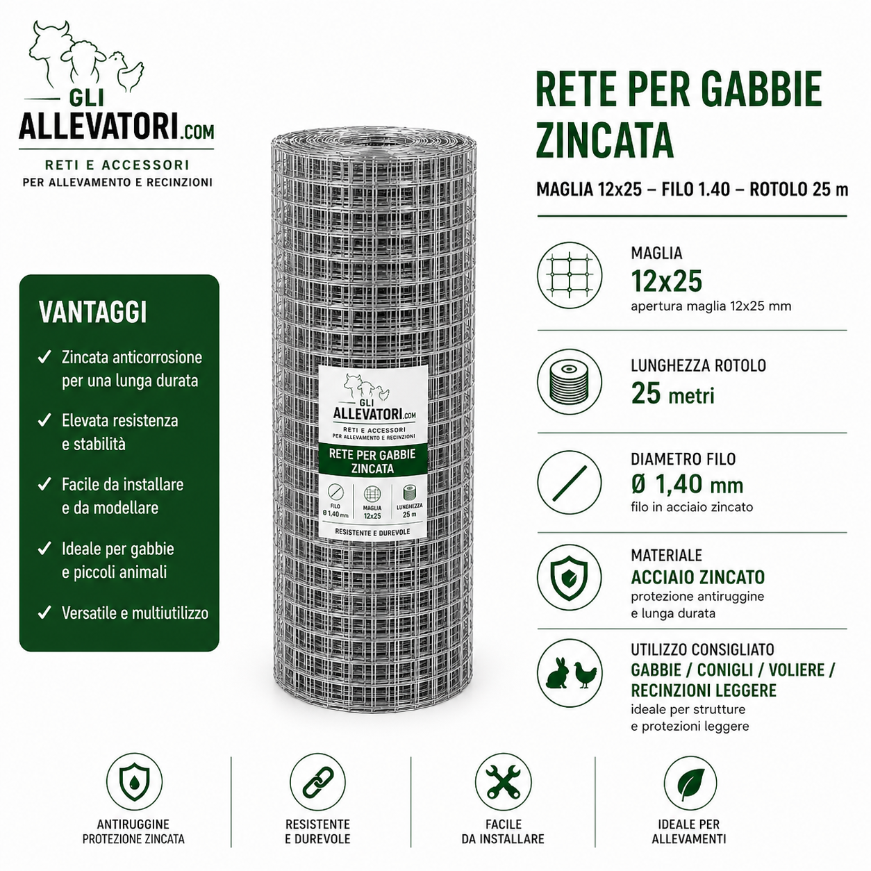 Rete per Gabbie Maglia 12x25 - Filo 1.40 Zincata