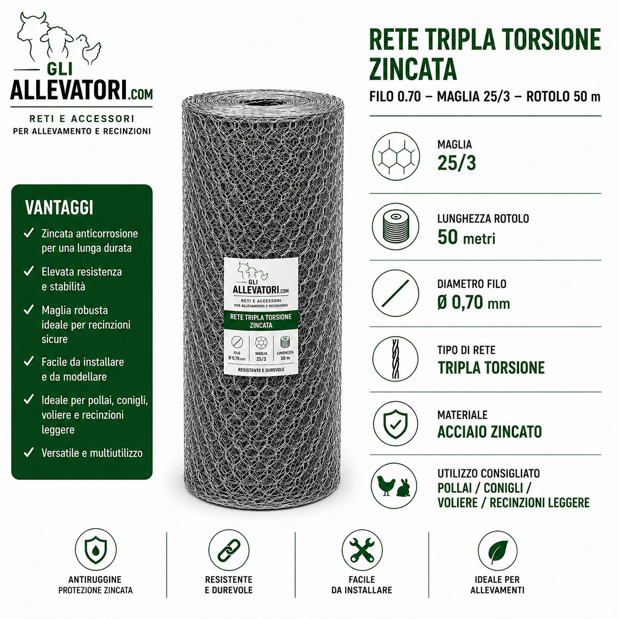 Rete Tripla Torsione Zincata Filo 0.70 Maglia 25/3 Rotolo 50 m