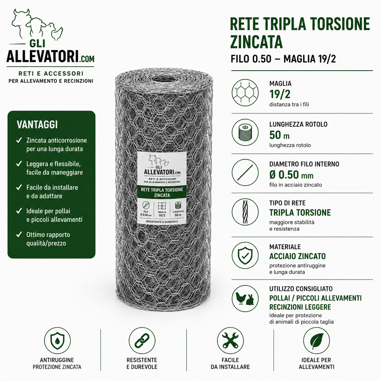 Rete Tripla Torsione Zincata Filo 0.50 Maglia 19/2 Rotolo 50 m