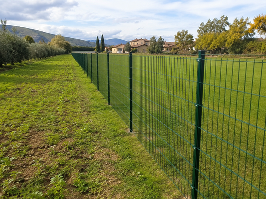 Due terreni separati da recinzione in rete metallica con pali nel terreno
