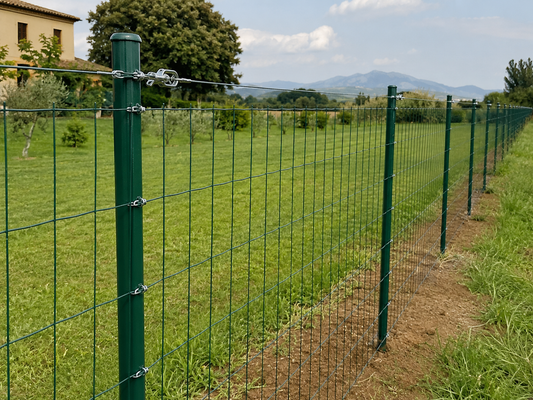 Paletti per recinzione piantati correttamente nel terreno su base in erba