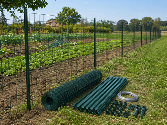 Kit completo per recintare un orto con rete verde, pali e accessori