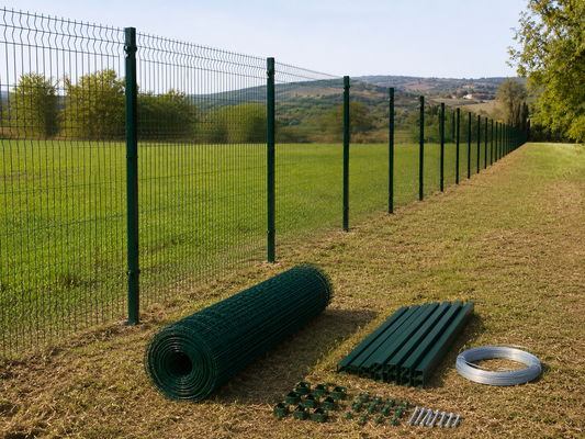 Kit recinzione per terreno agricolo con rete verde, paletti e accessori