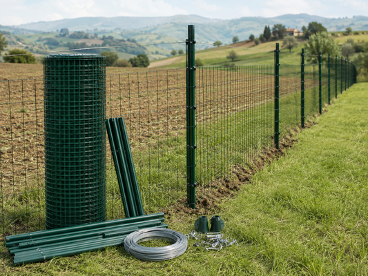 Kit rete e pali per recinzione orto appoggiato su terra ed erba