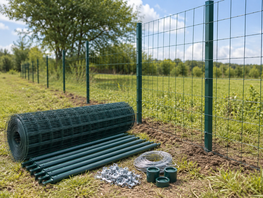 Materiali per recinzione con paletti e rete disposti su terra per un tratto di 25 metri