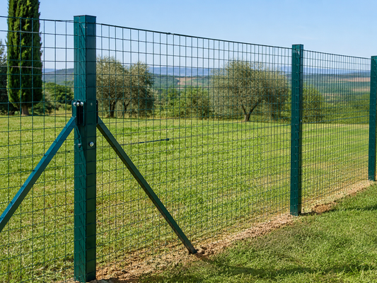Paletti per recinzione metallica ben distanziati su terreno agricolo