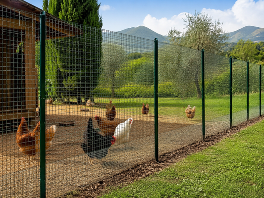 Recinto per galline anti predatori con rete interrata e paletti nel terreno