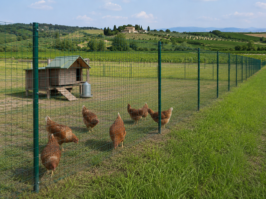 Rete metallica che separa un recinto per galline da un orto coltivato