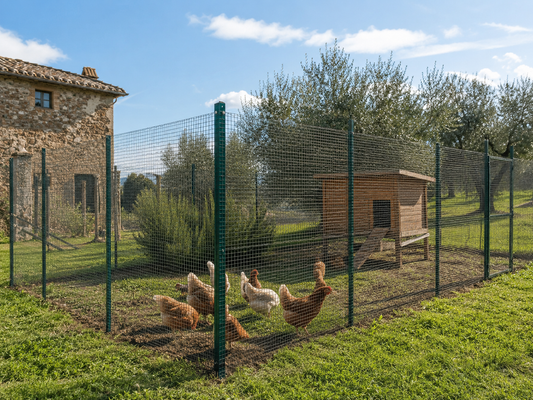 Recinto galline sicuro con rete metallica e paletti su erba