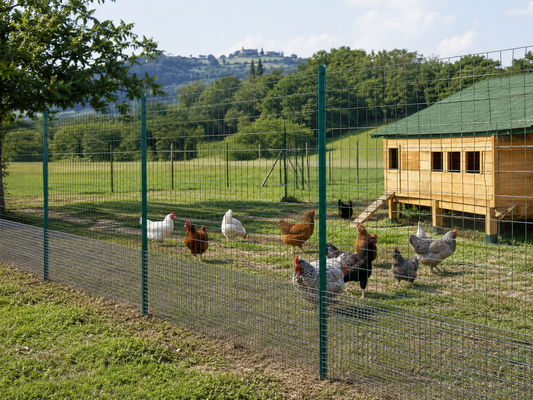 Base del recinto per galline rinforzata con rete metallica su terra ed erba