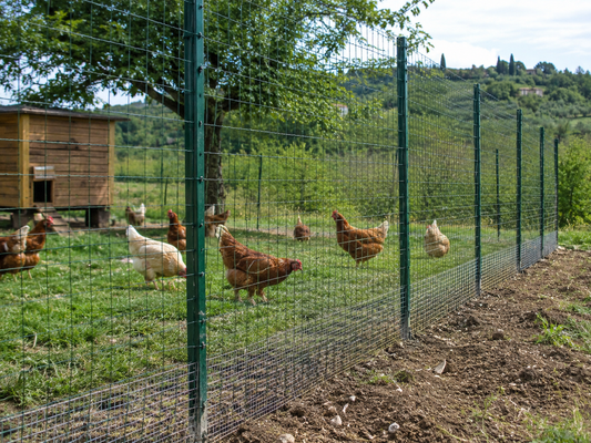 Recinto per galline ruspanti con rete metallica sicura e base protetta