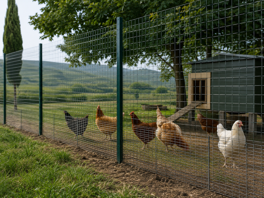 Parte bassa del recinto per galline rinforzata con rete metallica