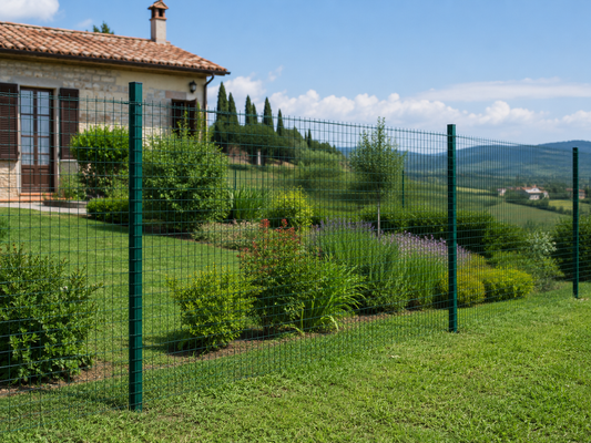 Recinzione economica fai da te con rete verde e paletti su terreno