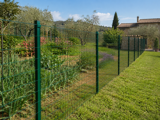 Orto e prato separati da recinzione economica con rete verde e pali