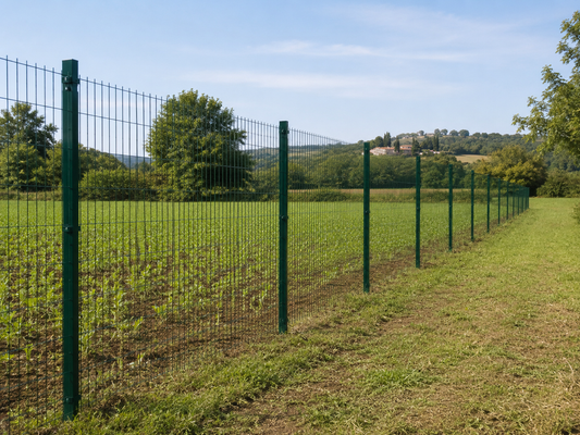 Recinzione semplice ed economica con rete verde e pali su terreno