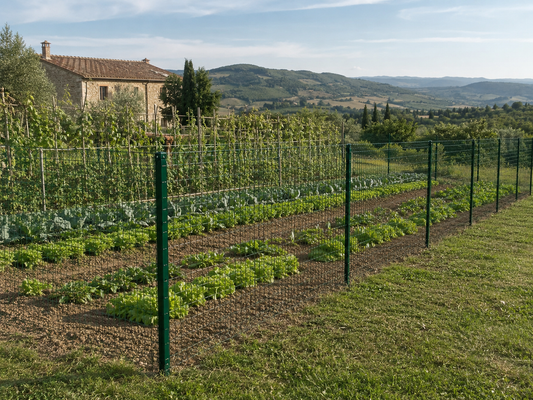 Piccolo orto protetto con rete metallica verde e paletti in terra