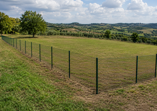 Terreno di 1800 mq recintato con rete metallica e pali installati nel suolo