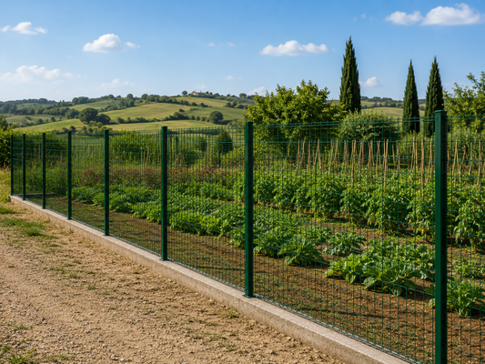 Recinzione agricola con rete verde e paletti per calcolare il costo al metro