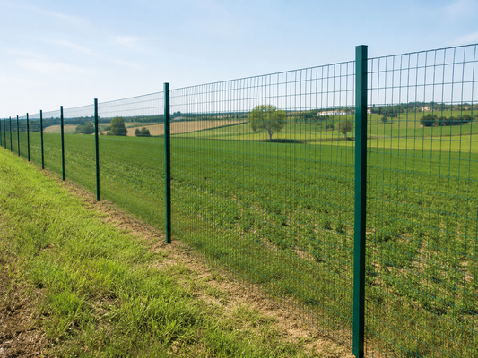 Campo di campagna recintato con rete metallica e paletti per stimare la spesa