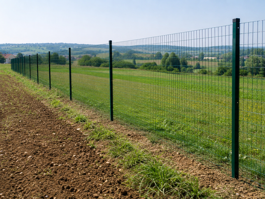 Terreno rettangolare con recinzione in rete metallica e paletti su base naturale