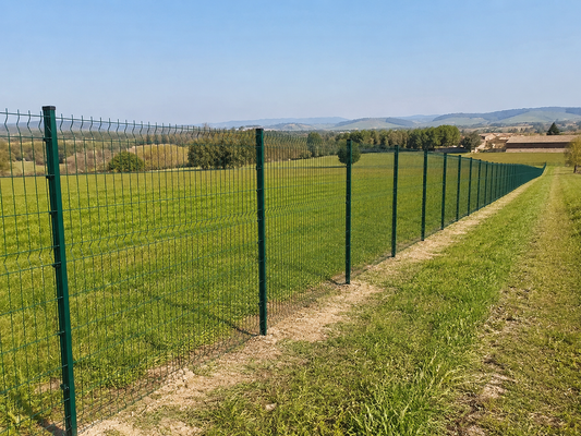 Terreno di 900 mq delimitato con rete metallica e pali su erba e terra