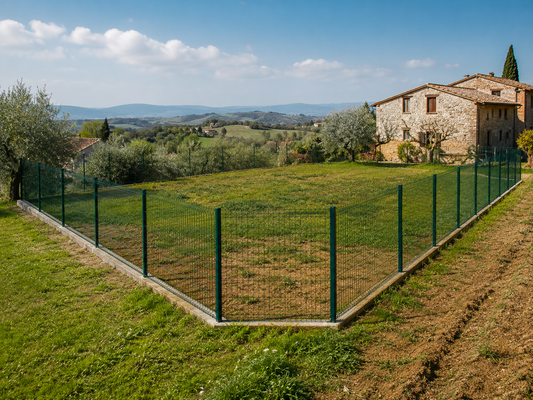 Rete elettrosaldata per piccolo terreno con recinzione verde e paletti