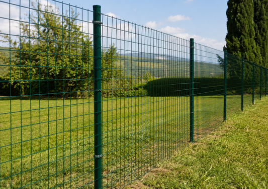 Orto delimitato con rete elettrosaldata verde e pali nel terreno