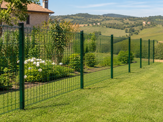 Piccolo terreno delimitato con rete elettrosaldata verde e paletti nel terreno