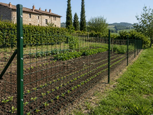 Rete per proteggere la semina dell’orto con recinzione verde e paletti