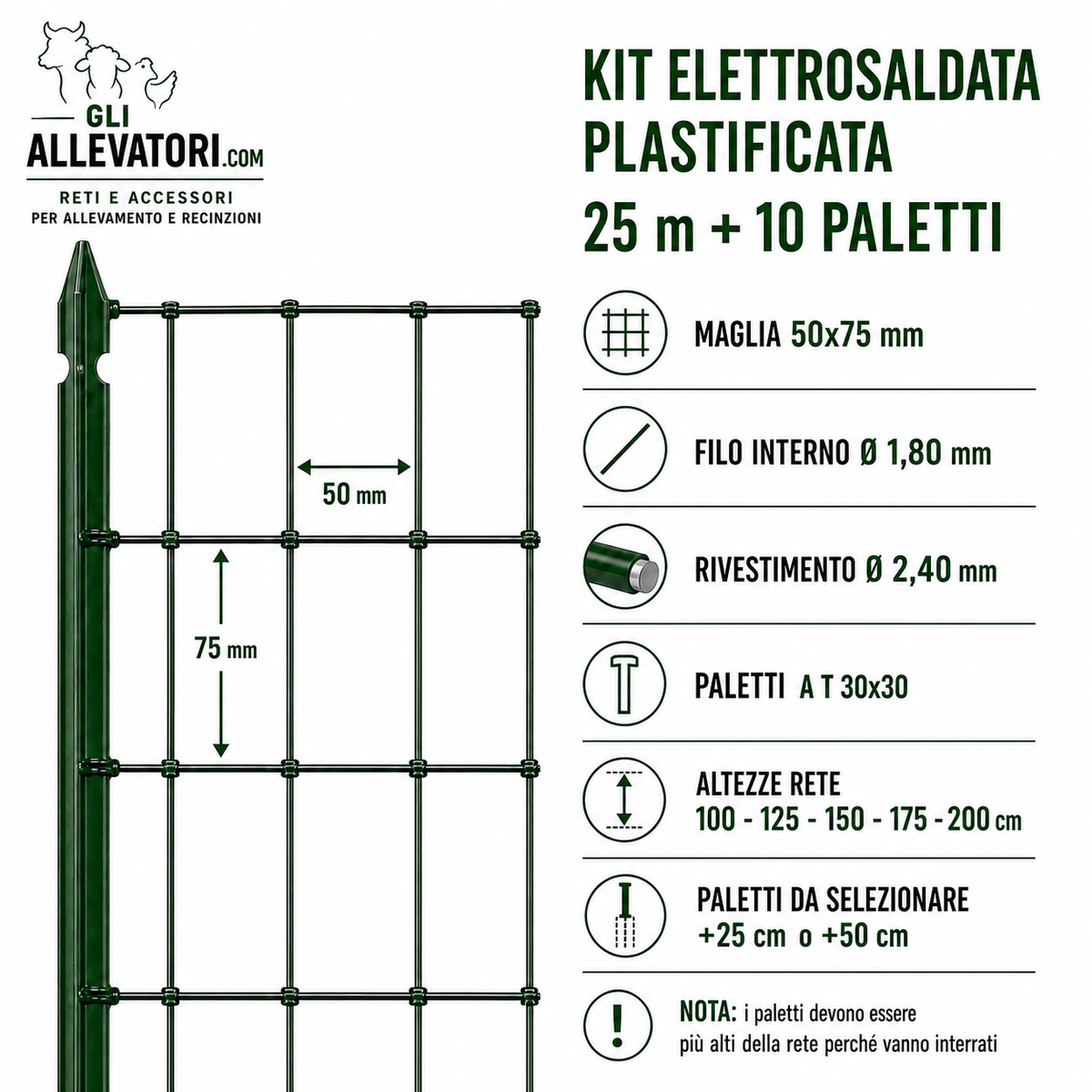 Kit Elettrosaldata Plastificata 25 m + 10 Paletti