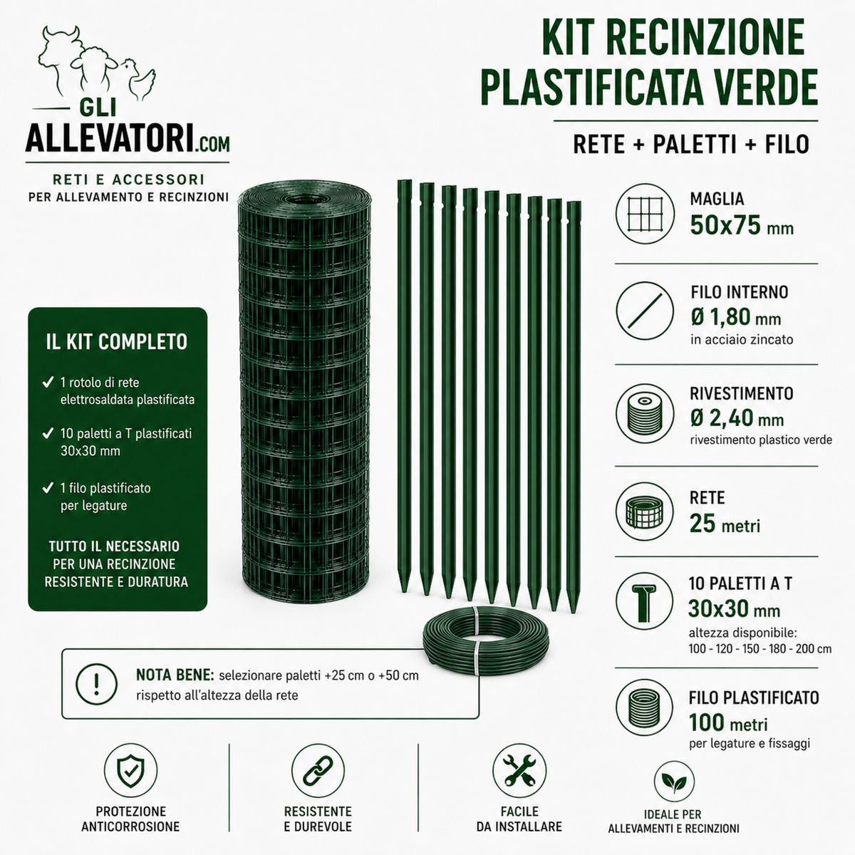 Kit Elettrosaldata Plastificata 25 m + 10 Paletti