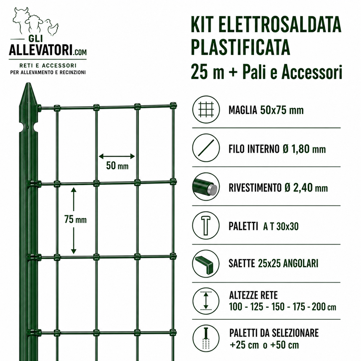 Kit Elettrosaldata Plastificata 25 m + Pali e Accessori