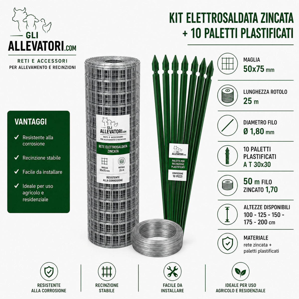 Kit Elettrosaldata Zincata 25 m + 10 Paletti Plastificati