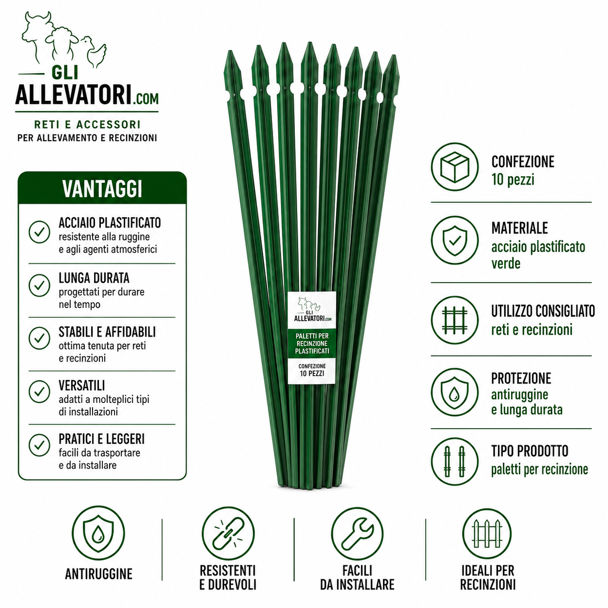 Paletti per Recinzione Plastificati Confezione 10 Pezzi