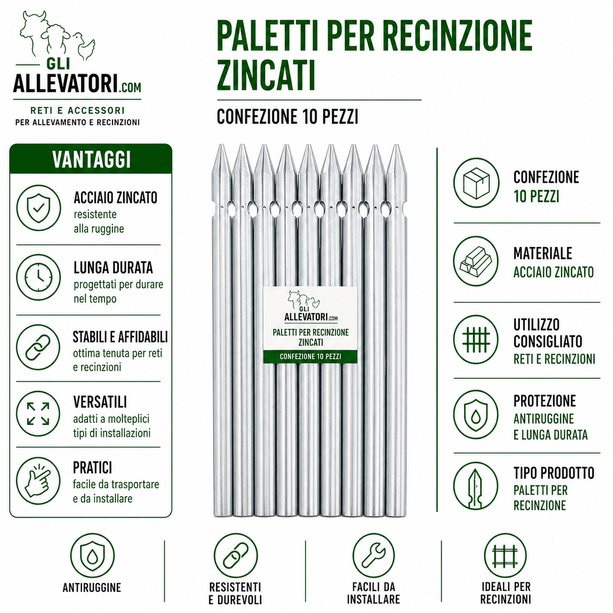 Paletti per Recinzione Zincati Confezione 10 Pezzi
