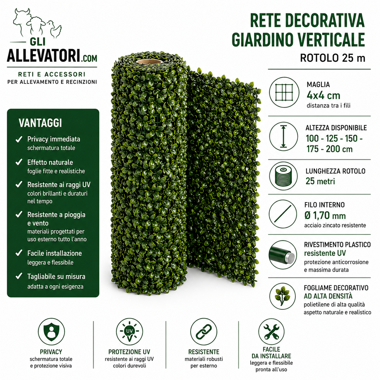Rete Decorativa per Giardino Verticale Plastificata Rotolo 25 m