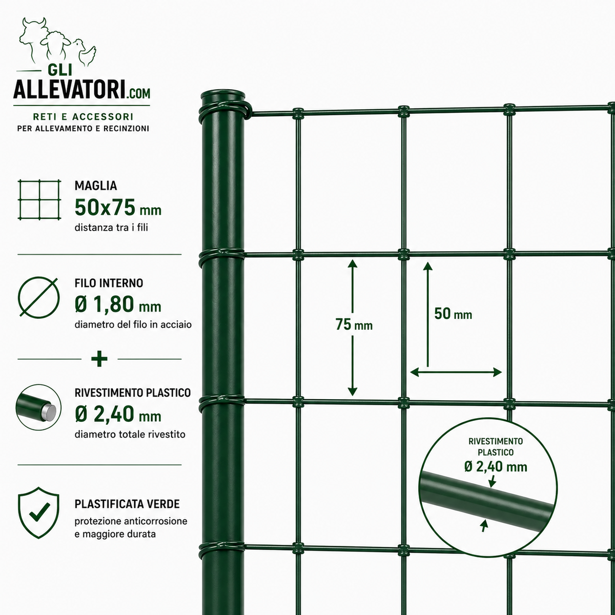 Rete Elettrosaldata Plastificata Verde Maglia 50x75 mm Rotolo 25 m