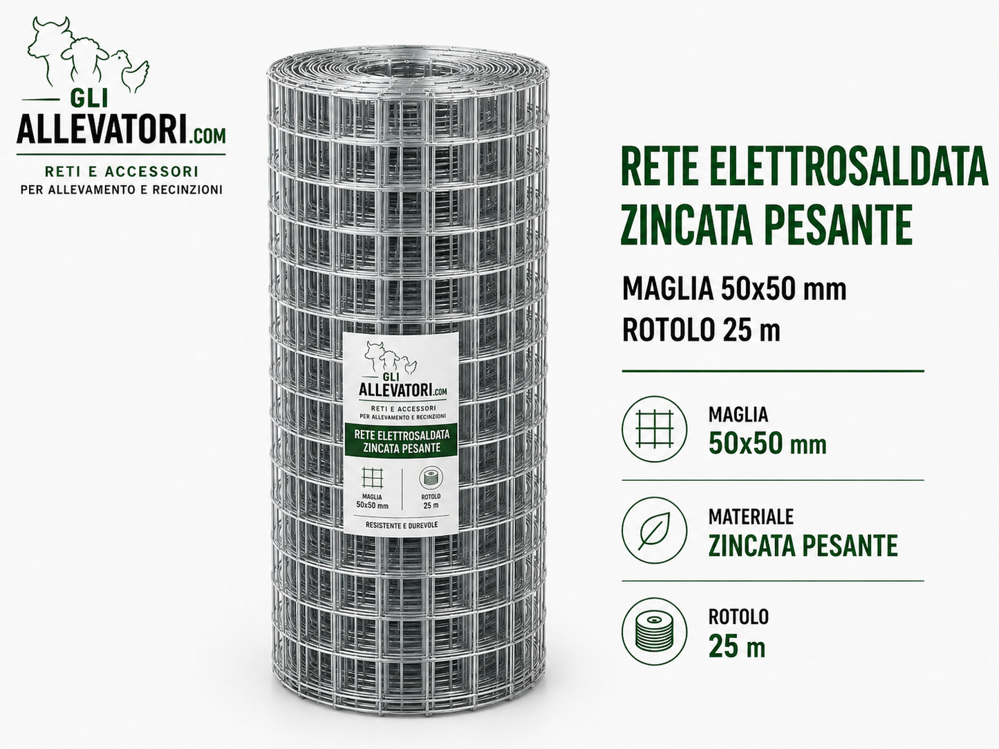 Rete Elettrosaldata Zincata Pesante Maglia 50x50 mm Rotolo 25 m