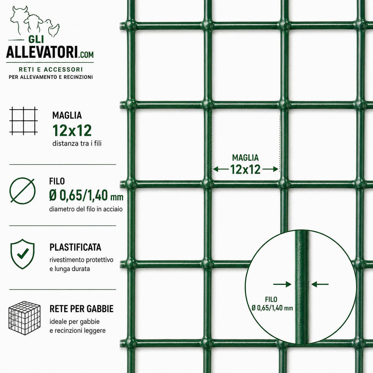 Rete per Gabbie Maglia 12x12 - Filo 0.65/1.40 Plastificata