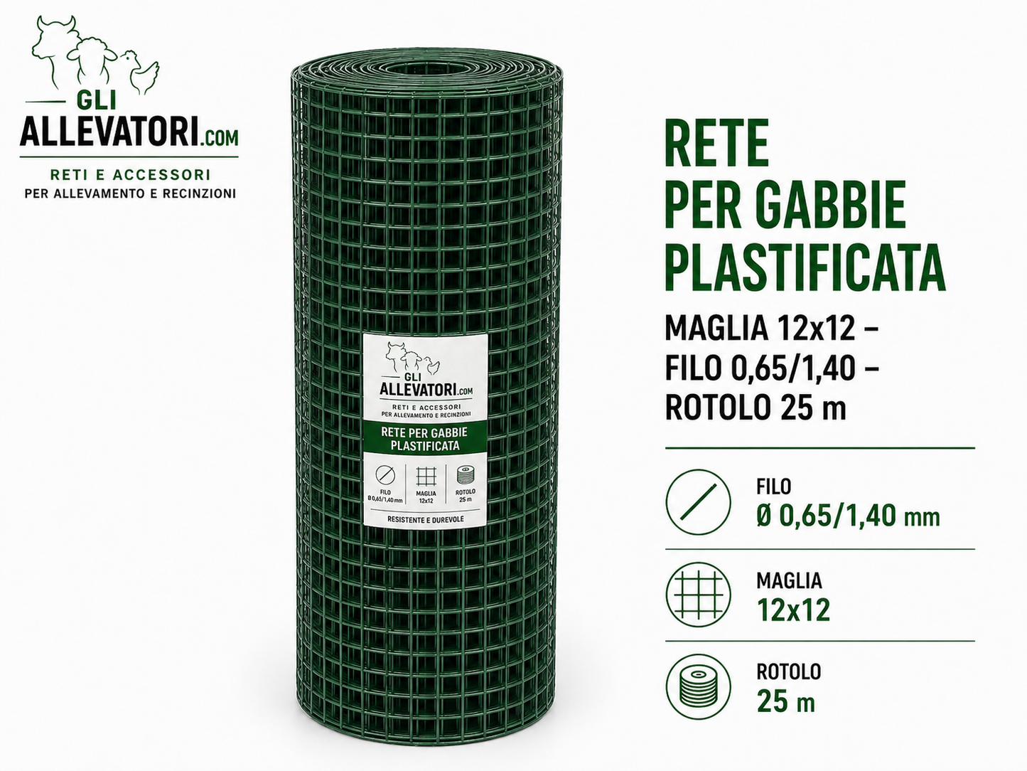 Rete per Gabbie Maglia 12x12 - Filo 0.65/1.40 Plastificata