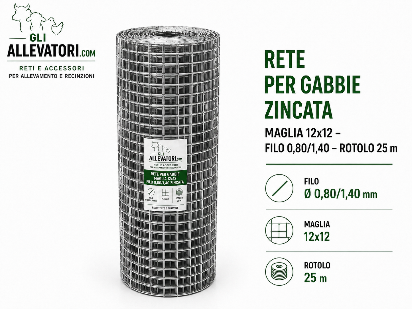 Rete per Gabbie Maglia 12x12 - Filo 0.80/1.40 Zincata