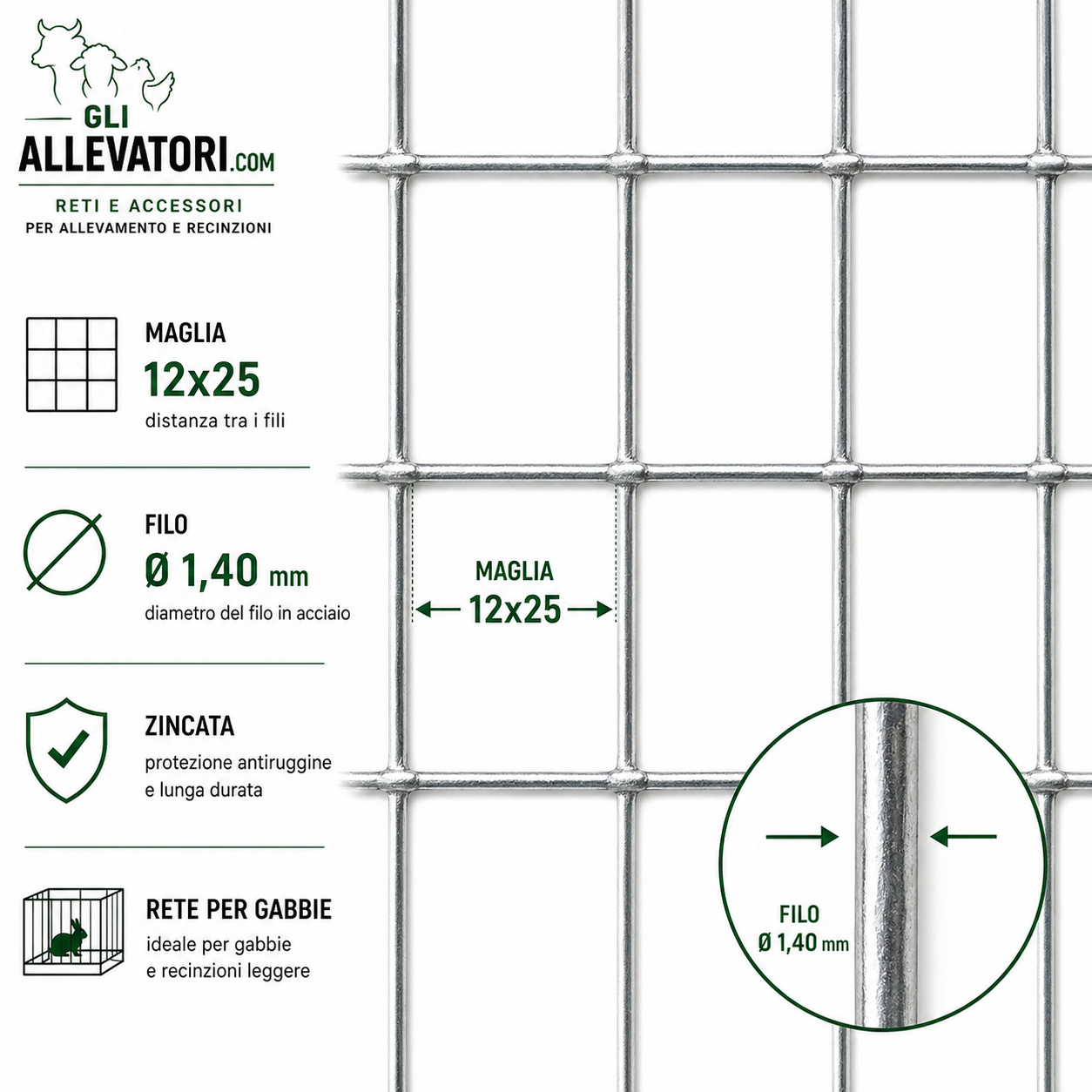 Rete per Gabbie Maglia 12x25 - Filo 1.40 Zincata