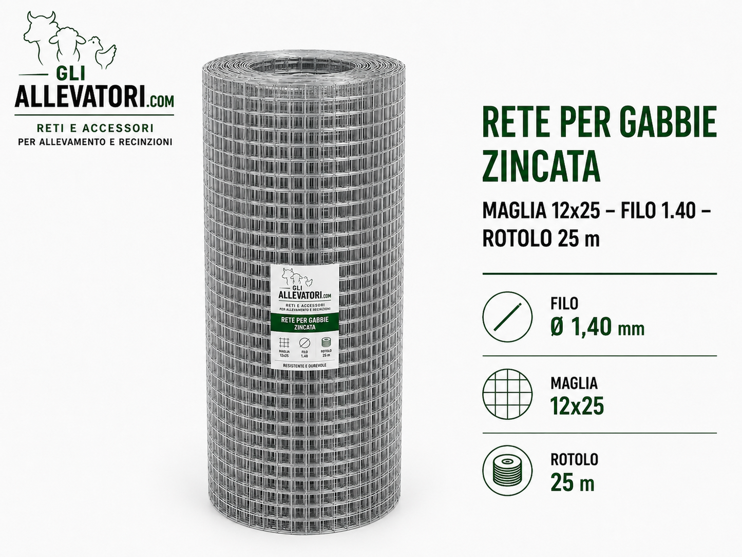 Rete per Gabbie Maglia 12x25 - Filo 1.40 Zincata