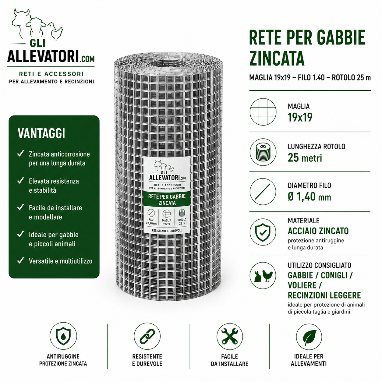 Rete per Gabbie Maglia 19x19 - Filo 1.40 Zincata