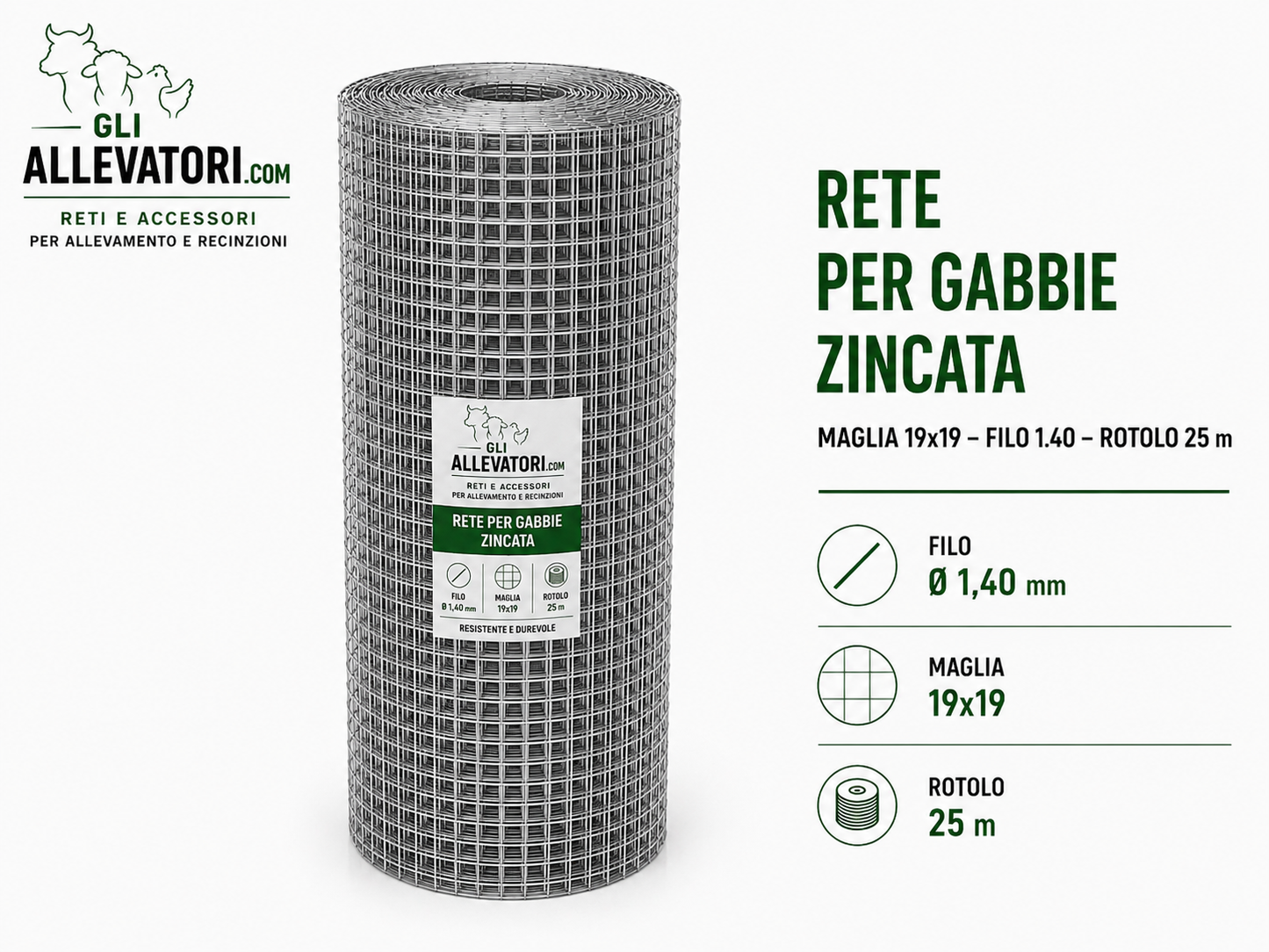 Rete per Gabbie Maglia 19x19 - Filo 1.40 Zincata