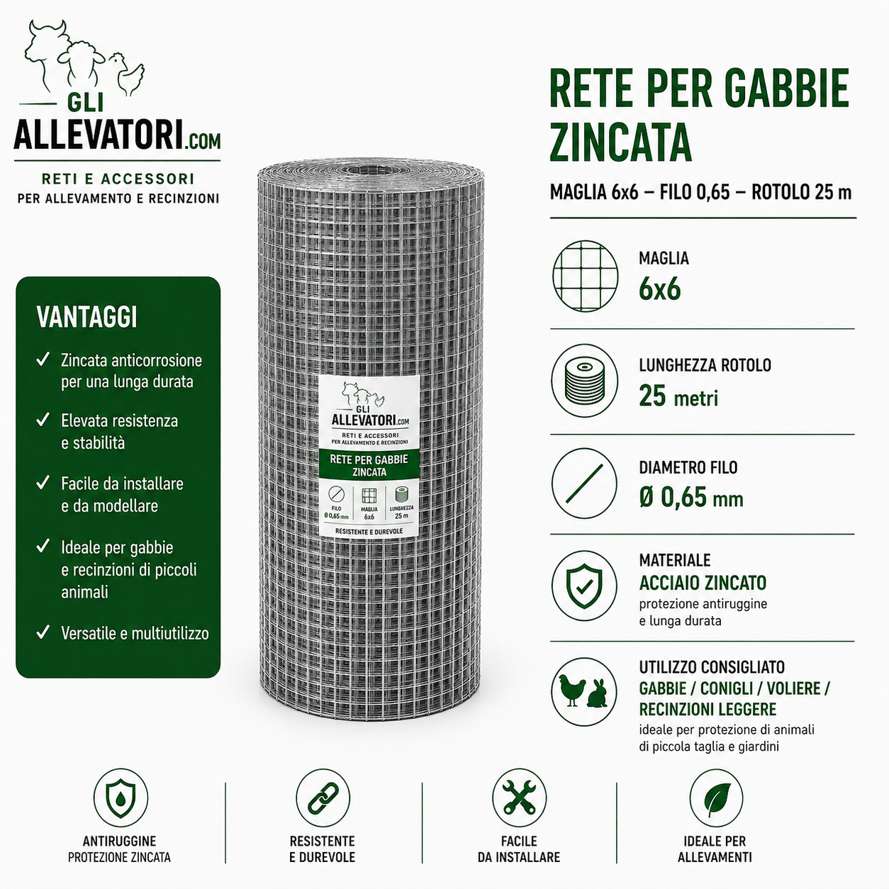 Rete per Gabbie Maglia 6x6 - Filo 0.65 Zincata