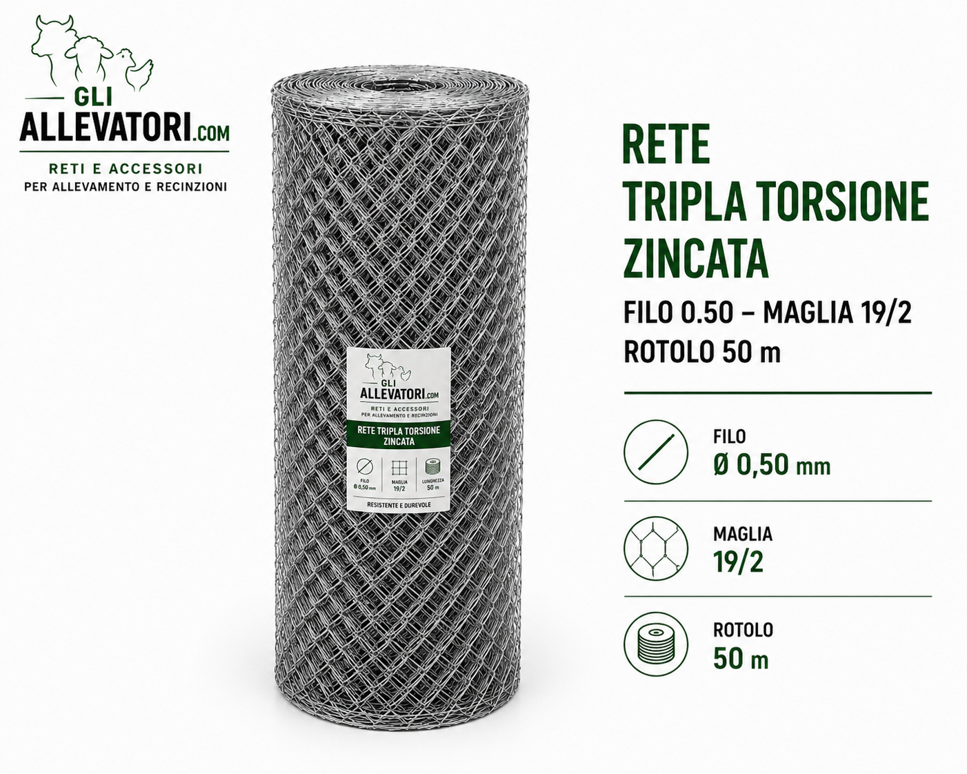 Rete Tripla Torsione Zincata Filo 0.50 Maglia 19/2 Rotolo 50 m