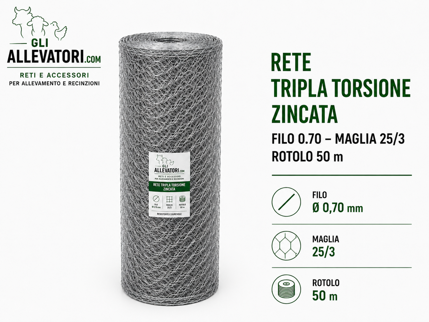 Rete Tripla Torsione Zincata Filo 0.70 Maglia 25/3 Rotolo 50 m