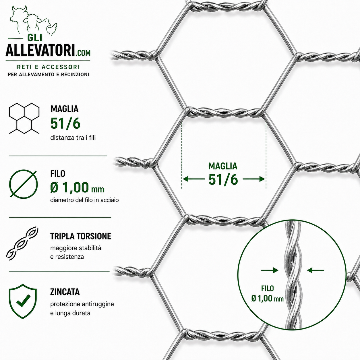 Rete Tripla Torsione Zincata Filo 1.00 Maglia 51/6 Rotolo 50 m